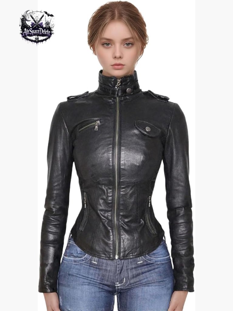 Women's Leather Jacket Mock Neck Zippered Techwear Streetwear Long Sleeve